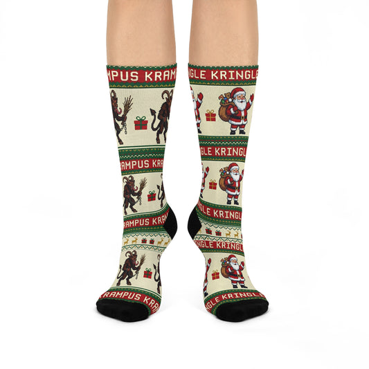 Krampus and Santa Pattern Cushioned Crew Socks | Christmas Holiday Novelty
