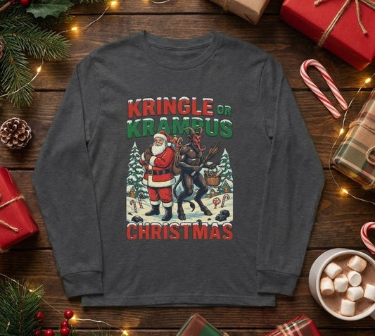 Kringle or Krampus Christmas Long Sleeve Tee | Santa vs Krampus Holiday Shirt