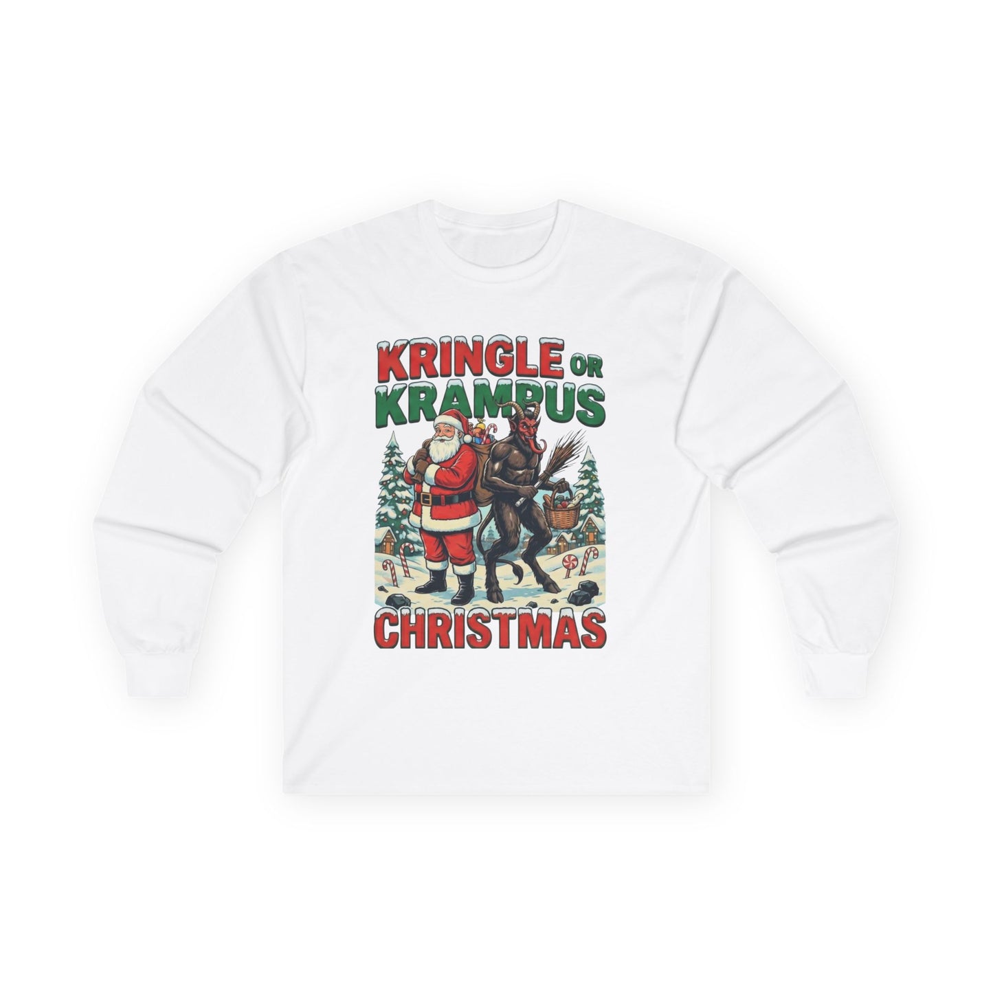 Kringle or Krampus Christmas Long Sleeve Tee | Santa vs Krampus Holiday Shirt