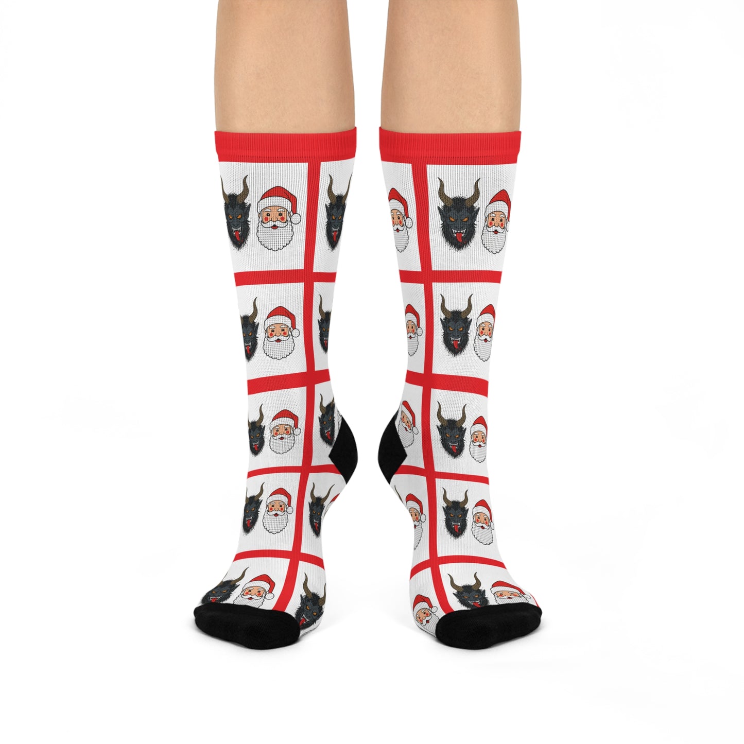 Santa and Krampus Pattern Cushioned Crew Socks | Christmas Holiday Novelty Socks