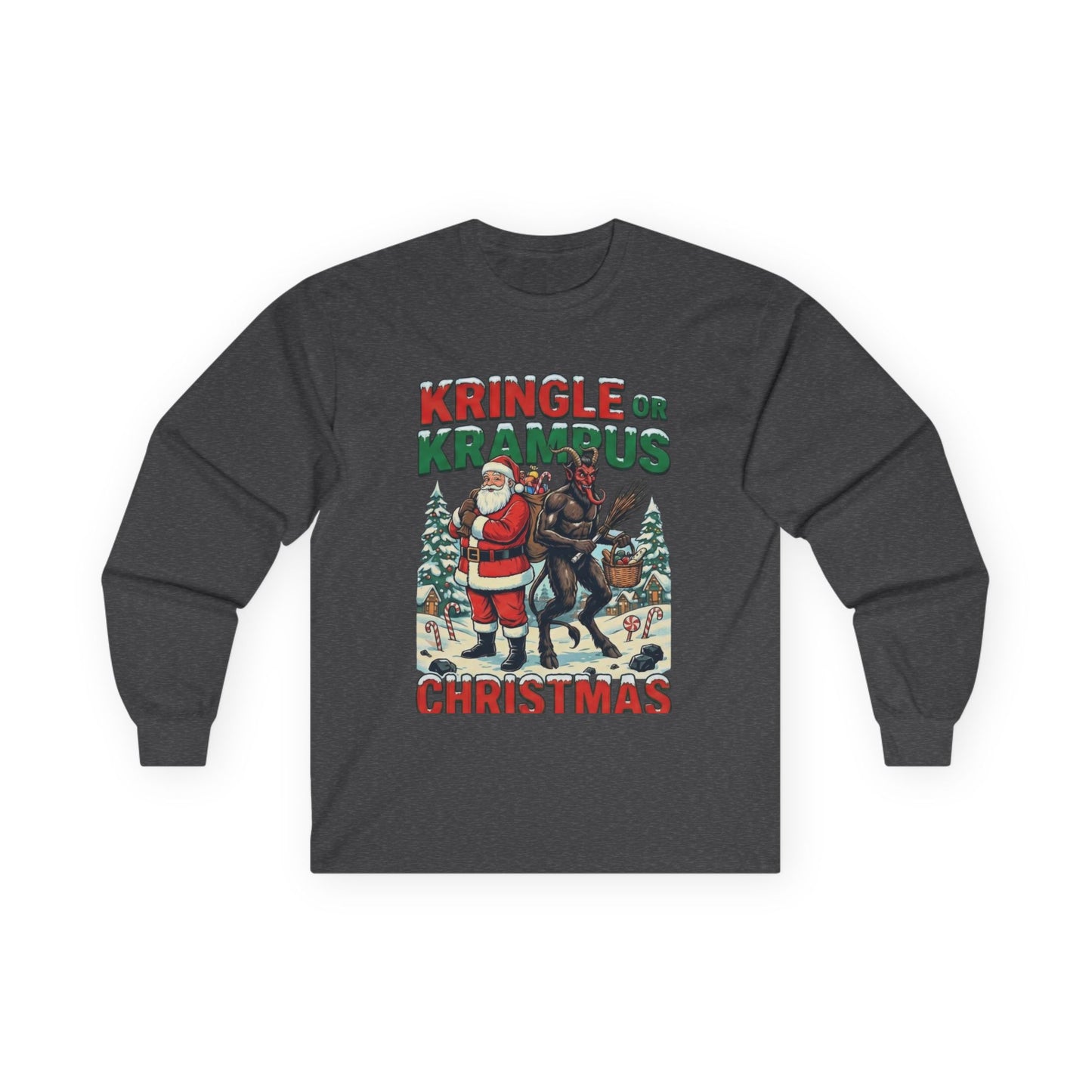 Kringle or Krampus Christmas Long Sleeve Tee | Santa vs Krampus Holiday Shirt