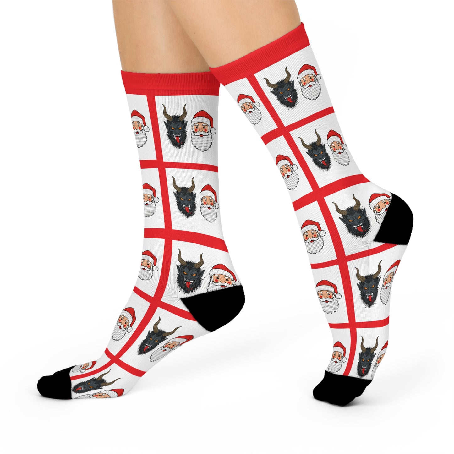 Santa and Krampus Pattern Cushioned Crew Socks | Christmas Holiday Novelty Socks