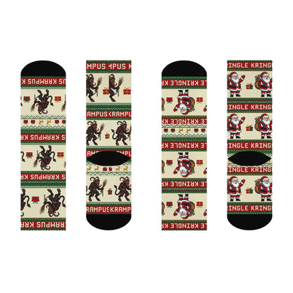 Krampus and Santa Pattern Cushioned Crew Socks | Christmas Holiday Novelty