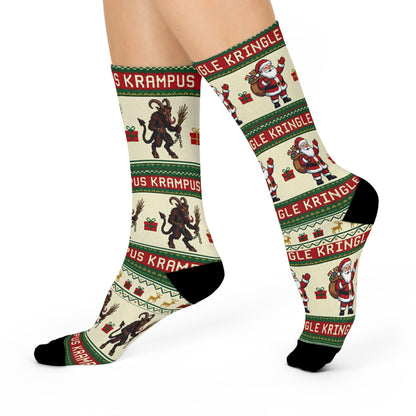 Krampus and Santa Pattern Cushioned Crew Socks | Christmas Holiday Novelty