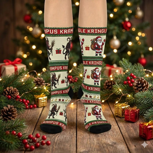 Krampus and Santa Pattern Cushioned Crew Socks | Christmas Holiday Novelty