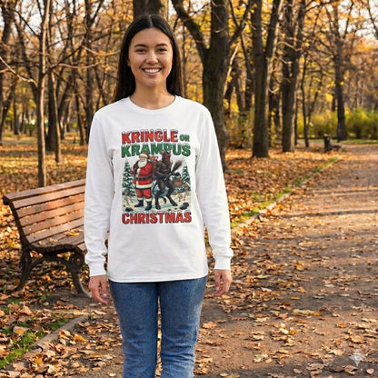Kringle or Krampus Christmas Long Sleeve Tee | Santa vs Krampus Holiday Shirt