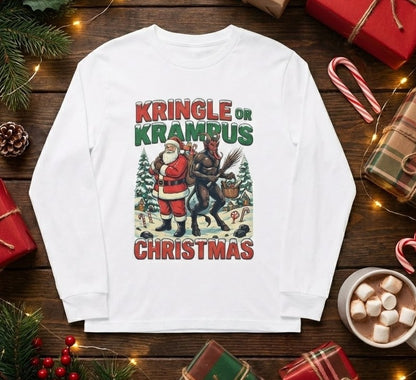 Kringle or Krampus Christmas Long Sleeve Tee | Santa vs Krampus Holiday Shirt